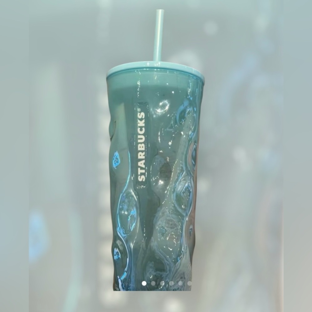 ❌SOLD❌Starbucks Mottled Green Glass Cup Luster Rippled Tumbler Iridescent New - Picture 5 of 11